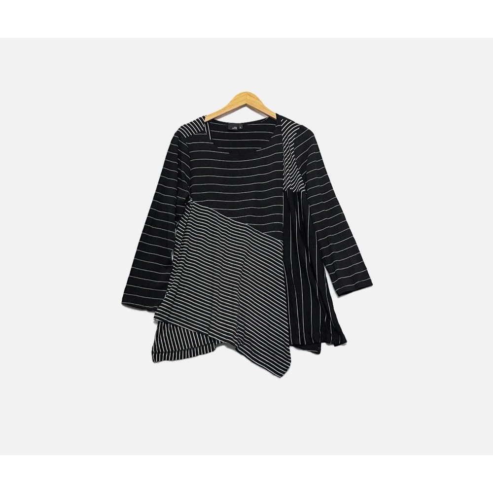 Lisa Bayne Asymmetric Tunic Top Women Large Striped Art to Wear Lagenlook LS